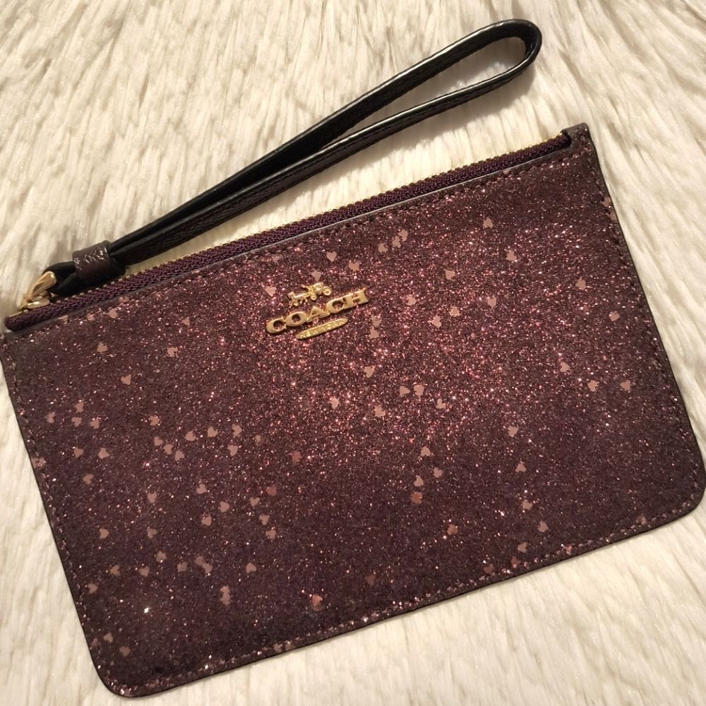 Coach Raspberry Heart Glitter Wristlet